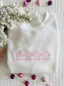 SHEIN EZwear Áo nỉ cổ tròn dành cho nữ, thiết kế hình người bánh gừng màu trơn, giản dị và dễ mặc hàng ngày - trắng - Xem 1