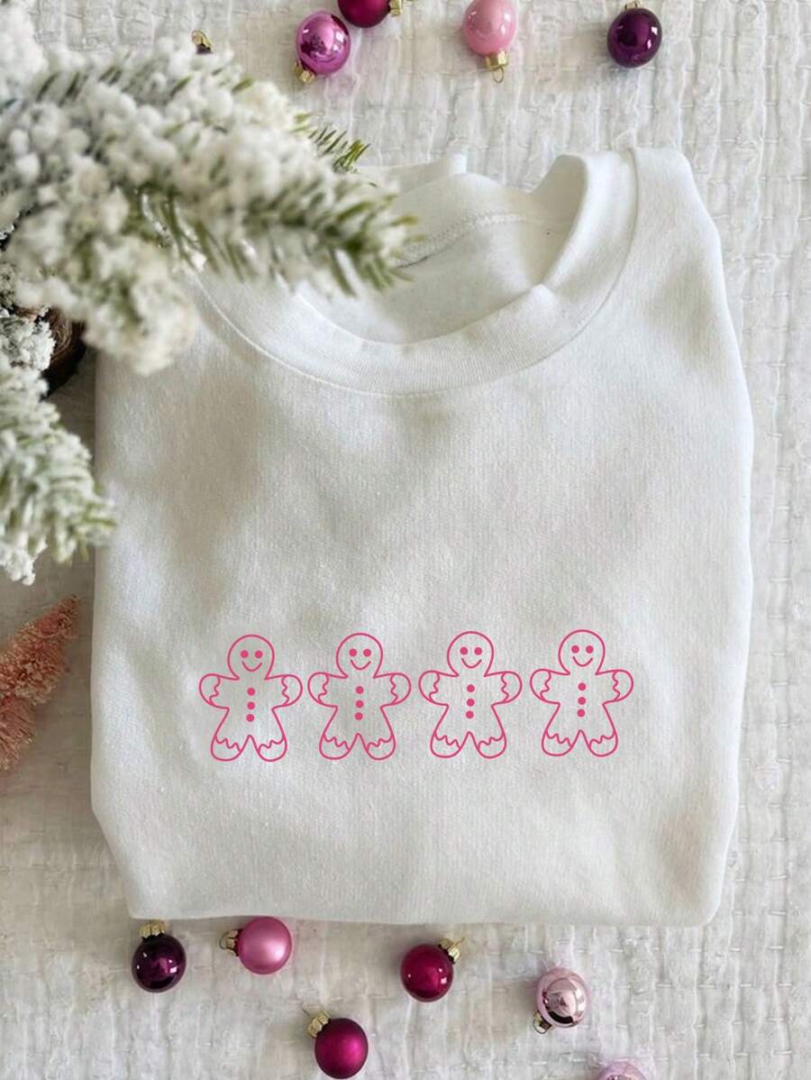 SHEIN EZwear Áo nỉ cổ tròn dành cho nữ, thiết kế hình người bánh gừng màu trơn, giản dị và dễ mặc hàng ngày - trắng - Xem 1