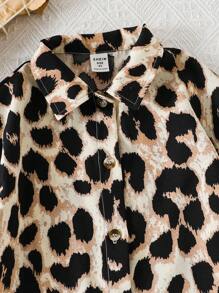 SHEIN Leap Crew 年轻女孩编织宽松休闲豹纹衬衫 - 摩卡棕 - 查看 3