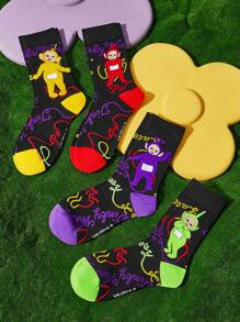 Teletubbies X SHEIN 4 Pairs Women Cartoon Character Pattern Color Block Long Socks Crew Socks,Reinforced Toe And Heel, Suitable For All Seasons, Unisex,Men,Women, Graphics Socks - Multicolor - View 2