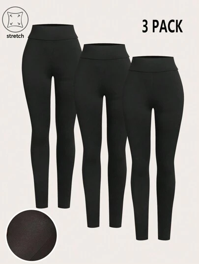 SHEIN Essnce 女士黑色紧身高弹力纯色白色休闲打底裤三件套