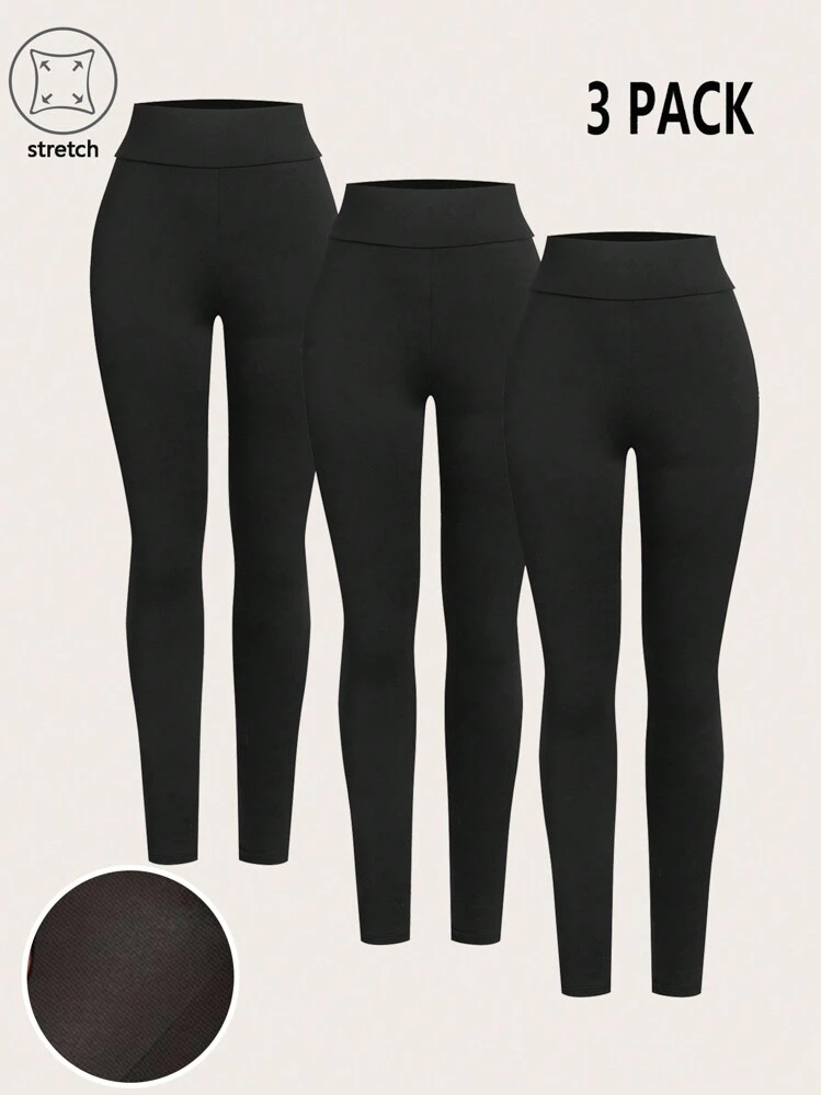 SHEIN Essnce Conjunto de tres piezas de mujer con leggings casuales sólidos de color blanco, negros y de alta elasticidad - Negro - Añade 1