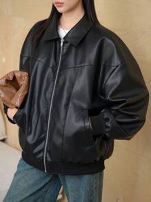 Dazy-Less Áo khoác PU rộng rãi cho nữ, Áo gió dài tay thường ngày cho mùa thu - màu đen - Xem 4