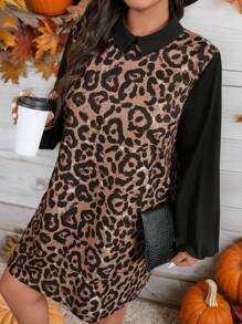 SHEIN LUNE Rochie A-Line cu imprimeu leopard de marimi plus, rochie de petrecere de sarbatori - Multicolor - Vizualizare 3
