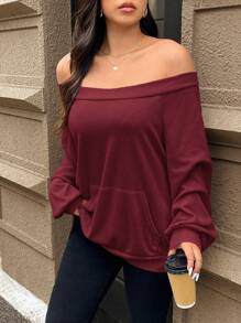 SHEIN Frenchy 大码纯色露肩长袖简约运动衫，休闲日常穿着，机场 - 酒紅色 - 查看 3