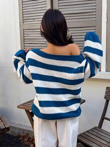 INAWLY Striped Loose Breathable Pullover Sweater Tops For Women - Blue and White - View 3