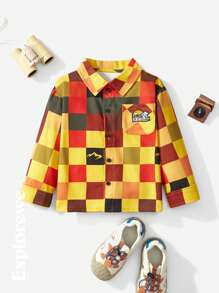 SHEIN Camisa de manga larga casual con estampado de cuadros y bloques de color para niños pequeños, otoño/invierno