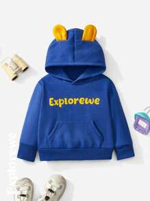 SHEIN Young Boy Letter Print Drop Shoulder Loose Ear Decor Hooded Fleece Sweatshirt, Autumn Winter - Blue - View 1