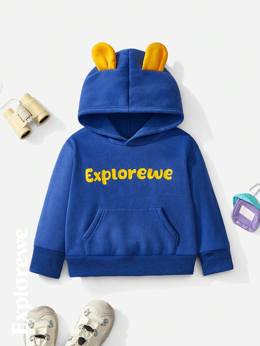 SHEIN Young Boy Letter Print Drop Shoulder Loose Ear Decor Hooded Fleece Sweatshirt, Autumn Winter - Blue - View 1