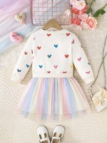 SHEIN Glamorique Kids 年轻女孩休闲独角兽印花网眼撞色长袖连衣裙，适合秋季