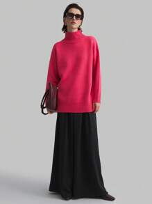 Ontre Áo len dệt kim đơn giản thanh lịch cổ hoa hồng đỏ, năm mới và, áo len chui đầu dài tay cổ lọ cho nữ, quần áo thu đông tối giản màu hồng - Hồng - Xem 5