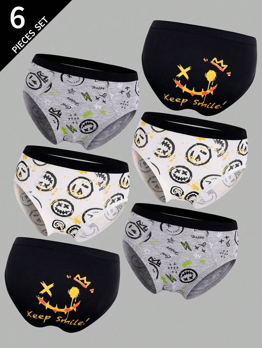 6pcs Boy Underwear Funny Face Print Cotton Shorts - Multicolor - View 1