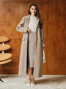 MOTF PREMIUM FAUX PEARL GRAPHIC PATTERN LAPEL COLLAR LONG OVERCOAT - Brown - View 4