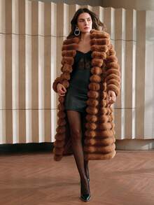 Anewsta 仿皮草长款大衣，时尚女士皮草外套，秋冬 - 鏽棕色 - 查看 6