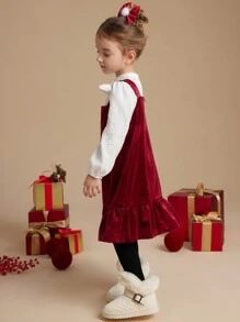 PrepCrw Bộ 2 món áo cánh dệt cổ bẻ phong cách đại học cho bé gái, cổ nơ và váy, mùa thu/đông, thích hợp cho Giáng sinh - Đỏ - Xem 3