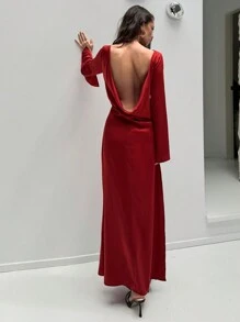 Aloruh Women's Elegant Winter Dress Christmas Party Dress Birthday Dress New Year's Dress Old Money Style Simple Commuting Dress Burgundy Long Sleeve High Slit Dress Backless Sexy Dress Red Dress Dress - Burgundy - View 2