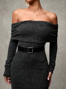 SHEIN BAE Women's Solid Color Off-Shoulder Elegant Fashion Long Sleeve Dress