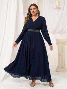 SHEIN Belle Plus Size Women V-Neck Long Sleeve Crystal Embellished Flared Formal Gown With Waist Cinching, Slimming Gown Jacquard Dress Valentine's Day Dress Valentine's Day Dress Black Cocktail Dress Women's Christmas Black Evening Dress Formal Party Dresses Autumn And Winter Black Sexy Mesh Long Sleeve Bridesmaid Dress, Semi Formal Prom Dress, For Birthday, Wedding Guest, Graduation, Homecoming - Navy Blue - View 9