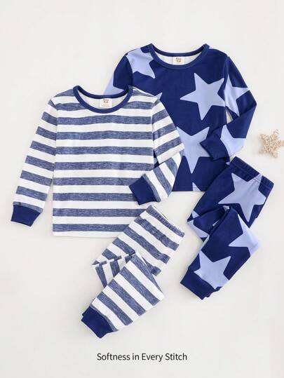 Cozy Pixies 4 件套小男孩紧身睡衣套装，带条纹和星星图案，撞色圆领长袖上衣和裤子