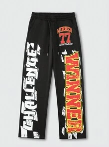 ROMWE MEN Street Life Quần nỉ thể thao lưng rút in chữ cho nam dáng rộng thoải mái - màu đen - Xem 1