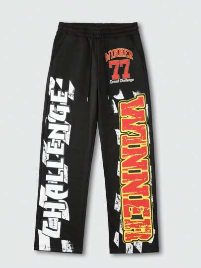 Street Life Pantalones de chándal casuales holgados con cintura de cordón y estampado de letras para hombre