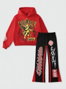 ROMWE MEN Street Life Men's Casual Angel Letter Print Hoodie & Sweatpants Tracksuit, Autumn/Winter - Red - View 1