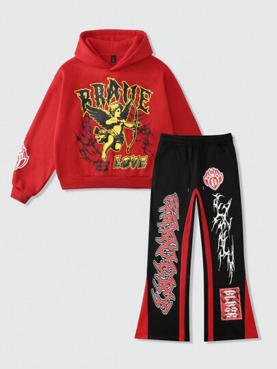 Street Life Men's Casual Angel Letter Print Hoodie & Sweatpants Tracksuit, Autumn/Winter