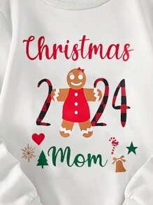 Assortiment familial de Noël, Sweat-shirt-shirt col rond pour femmes avec des imprimés festifs amusants : Maman de Noël, Sapin de Noël, Flocon de neige, Canne en bonbon, Étoile, Conception de cloches, Doublure thermique, Pull décontracté et chaud pour l'automne - Blanc - Voir 4