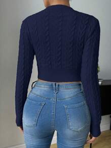 Chiquease Áo len dáng ngắn, màu trơn, ôm sát, thích hợp mặc mùa thu/đông, kiểu áo chui đầu dệt kim. - Màu xanh hải quân - Xem 2