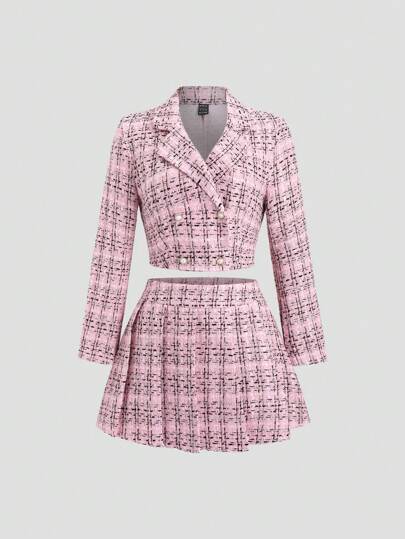 Sweetra 女士优雅格子短夹克和荷叶边下摆迷你裙 2 件套，秋季