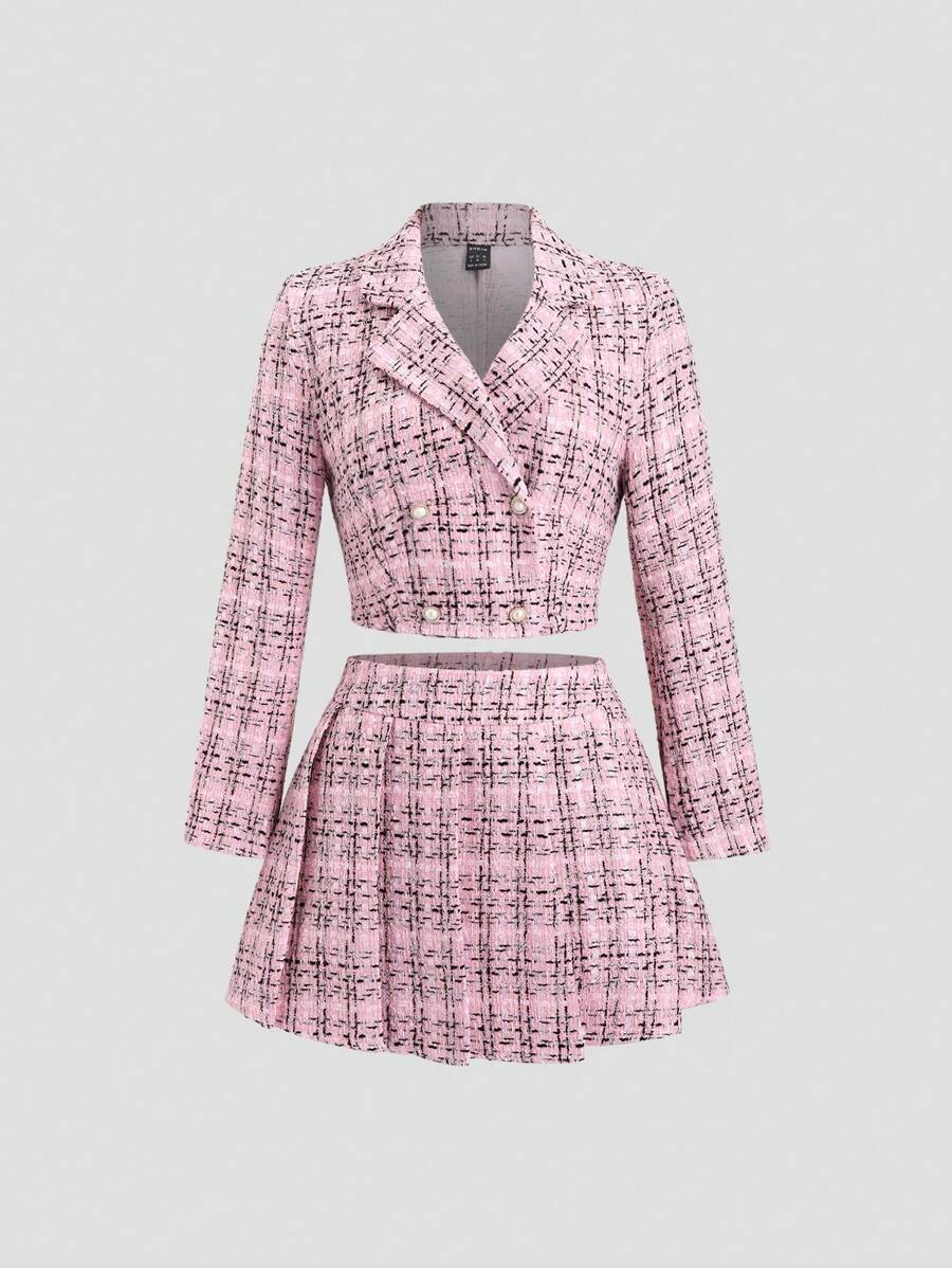 Sweetra 女士优雅格子短夹克和荷叶边下摆迷你裙 2 件套，秋季 - 粉色 - 查看 1