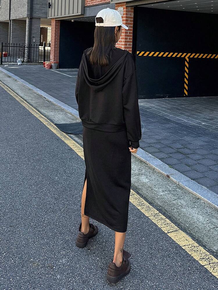 2pcs Women Solid Color Hoodie Dress Set,Fall Clothes Lounge Sets For Women