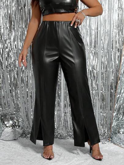 SHEIN Clasi 大码女式休闲 PU 前开衩修身圣诞节、万圣节、新年裤子