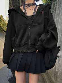 FRIFUL Sudadera con capucha y volantes de ajuste holgado para mujer, para otoño e invierno - Negro - Ver 4