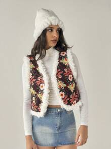Forever 21 冬季女装 圣诞节 新款冬季女装外套 数码印花无袖短款蓬松背心 背心 雪地女装 新年女装夹克 节日女装 泰迪熊大衣 皮草大衣 圣诞背心大衣 Y2k 服装 - 彩色 - 查看 7