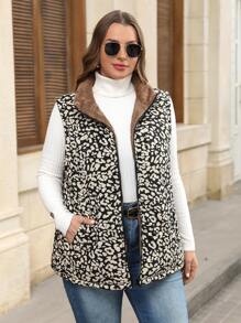 SHEIN LUNE 加大码豹纹拉链绗缝背心外套，休闲保暖全印花带保暖内衬，秋冬季感恩节女装，适合冬季、假日、新年等场合。 - 彩色 - 查看 6