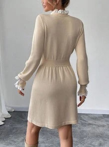 SHEIN Clasi Apricot Floral Embroidery Round Neck Long Sleeve Dress Fall Cloth For Women