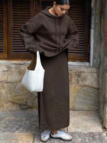 DAZY 2 件套女士纯色宽松连帽衫和直筒连衣裙毛衣，秋季女装