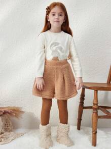 Blossori Quần short lưng thun rộng rãi dệt kim kiểu Pháp thanh lịch cho bé gái, màu cà phê, thu/đông - Màu Khaki - Xem 3