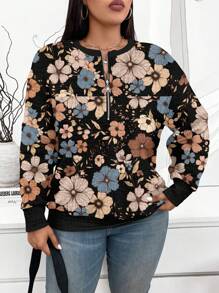 SHEIN LUNE Casual Minimalist Loose Fit Half-Zip Plus Size Sweatshirt, Suitable For Autumn/Winter - Black - View 6