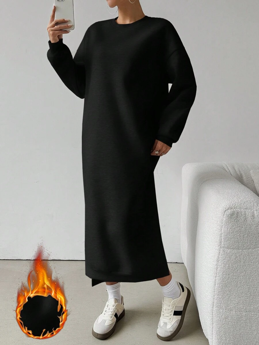 Muchica Women's Solid Color Round Neck Drop Shoulder Long Sleeve Thermal Lined Loose Long Sweatshirt Dress, Autumn/Winter - Black - View 1