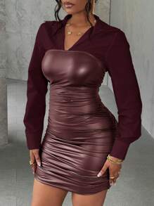Slaydiva Vestido mini de mujer 2 en 1 de camisa de parchwork de PU de alta gama estilo calle sexy