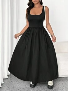 Flirla Đầm Maxi Không Tay Cổ Vuông Dệt Kim Size Lớn Cho Nữ Trang Phục Thường Ngày - màu đen - Xem 5