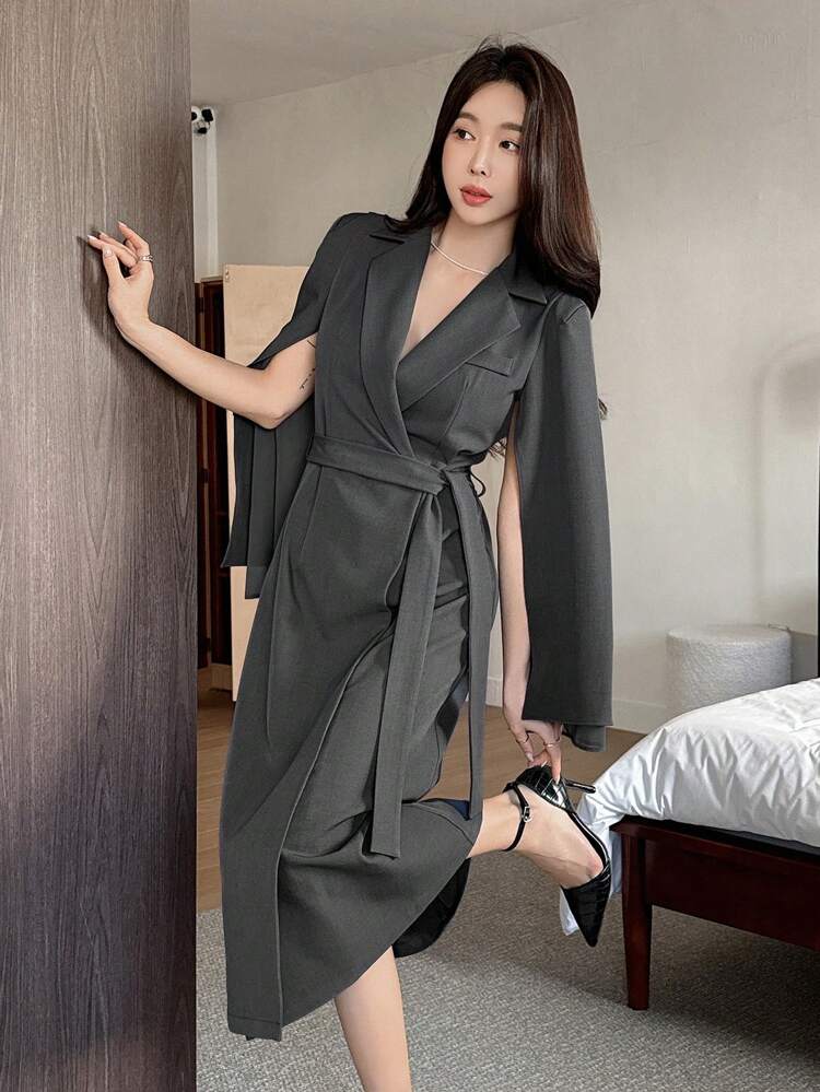 Women's Solid Color Mid-Length Dress With Collar,Fall Clothes Long Sleeve Dress