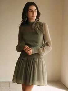 Anewsta 女士优雅法式复古宫廷风简约收腰短款连衣裙 - 橄欖綠 - 查看 6