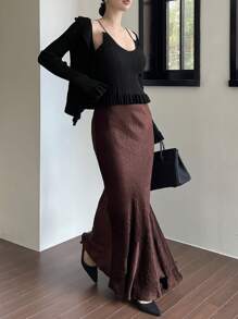 DAZY Conjunto de top de camisola de punto con volantes y cárdigan casual de otoño para mujer