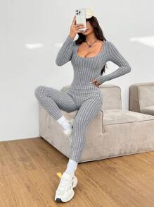 SHEIN PETITE Body de mujer de cuello redondo y manga larga de terciopelo, adecuado para otoño e invierno - Gris - Ver 5