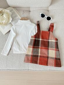 SHEIN LMoss Kids LMoss Babygirl Autumn/Winter Plaid Pinafore Dress + Knit Elastic Underlayer Set - Brown - View 2