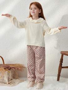 Blossori Blusa Jovem de Babados Casuais em Cor Damasco, Elegante Estilo Francês, Outono/Inverno