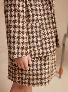 PrepCrw 年轻女孩学院风棕色千鸟格编织修身单排扣夹克，秋冬款